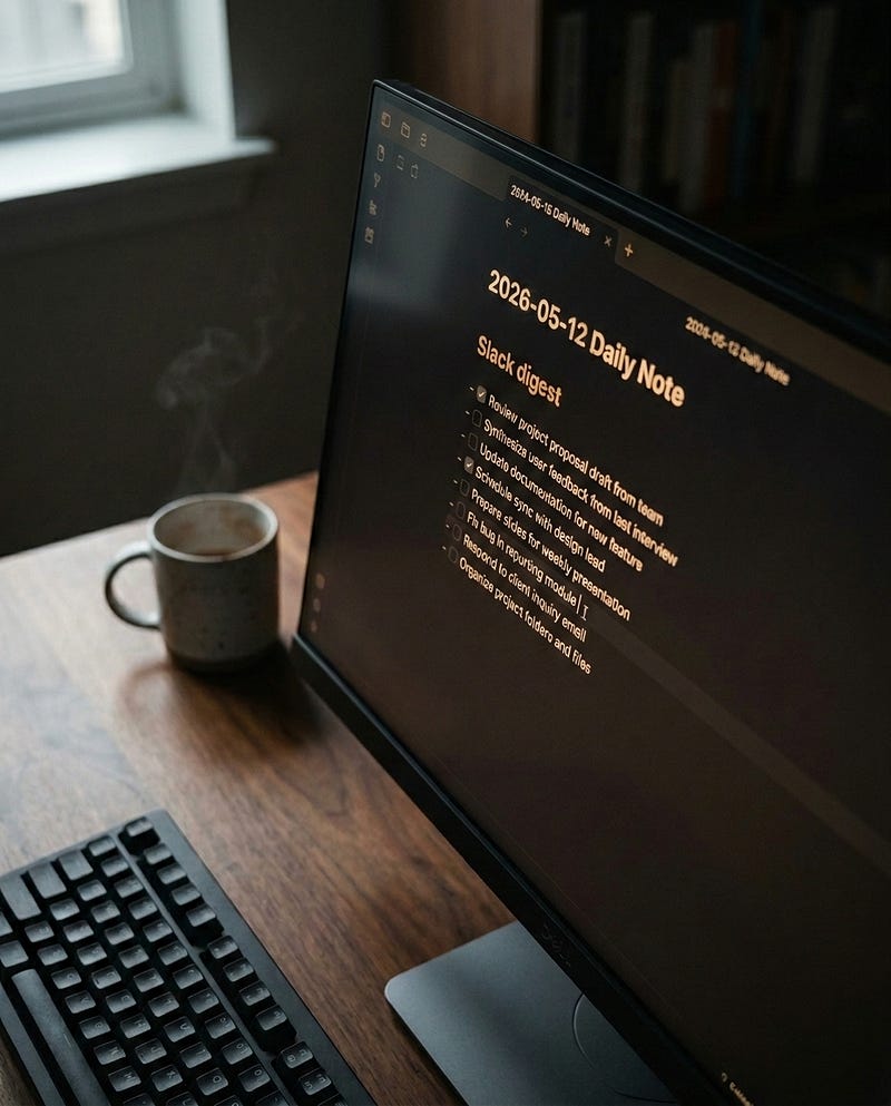 Знятий згори монітор, на якому в Obsidian відкрита щоденна нотатка з розділом «Slack digest» зі змішаними позначеними й непозначеними Markdown-чекбоксами, на дерев'яному столі з механічною клавіатурою та керамічним кухлем.